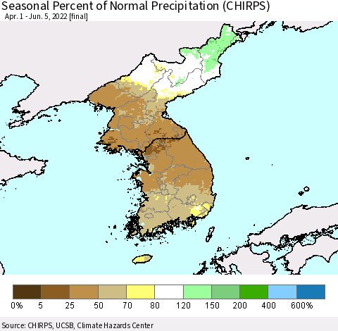 Korea Seasonal Percent of Normal Precipitation (CHIRPS) Thematic Map For 4/1/2022 - 6/5/2022