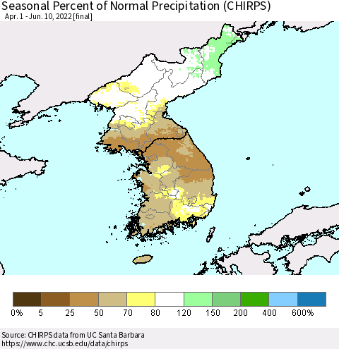 Korea Seasonal Percent of Normal Precipitation (CHIRPS) Thematic Map For 4/1/2022 - 6/10/2022