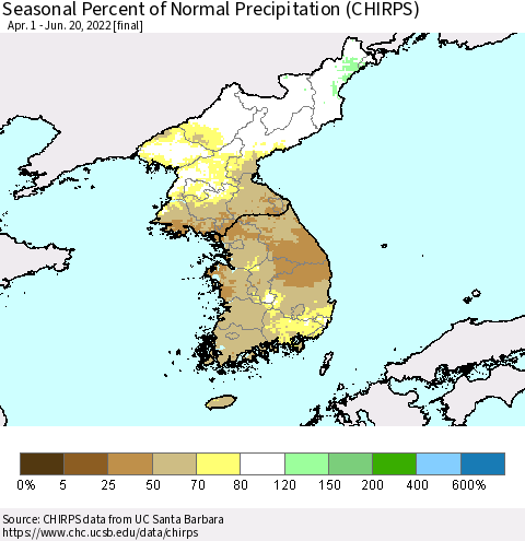 Korea Seasonal Percent of Normal Precipitation (CHIRPS) Thematic Map For 4/1/2022 - 6/20/2022