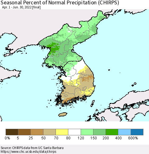 Korea Seasonal Percent of Normal Precipitation (CHIRPS) Thematic Map For 4/1/2022 - 6/30/2022