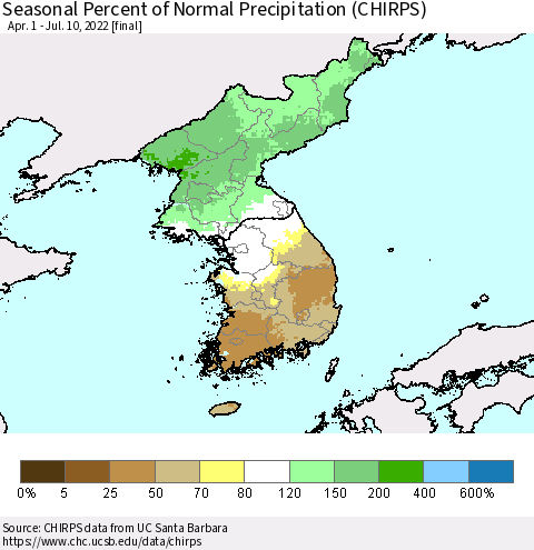 Korea Seasonal Percent of Normal Precipitation (CHIRPS) Thematic Map For 4/1/2022 - 7/10/2022