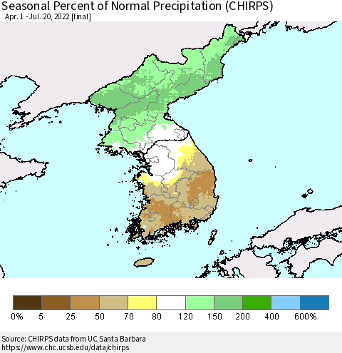 Korea Seasonal Percent of Normal Precipitation (CHIRPS) Thematic Map For 4/1/2022 - 7/20/2022