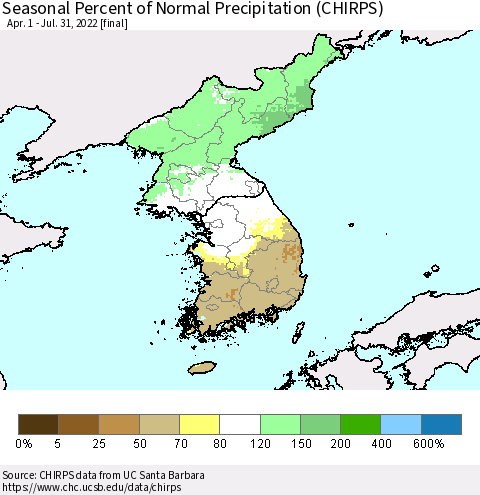 Korea Seasonal Percent of Normal Precipitation (CHIRPS) Thematic Map For 4/1/2022 - 7/31/2022