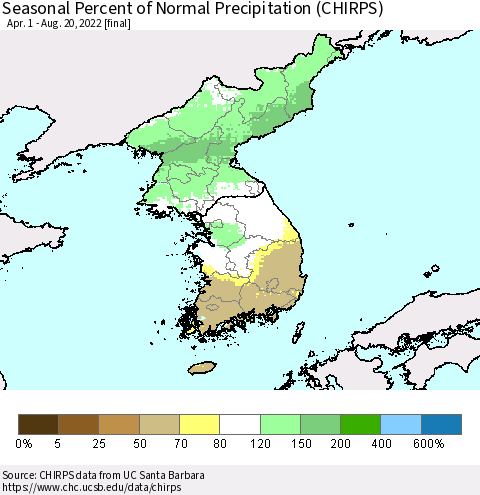 Korea Seasonal Percent of Normal Precipitation (CHIRPS) Thematic Map For 4/1/2022 - 8/20/2022