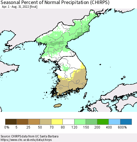 Korea Seasonal Percent of Normal Precipitation (CHIRPS) Thematic Map For 4/1/2022 - 8/31/2022