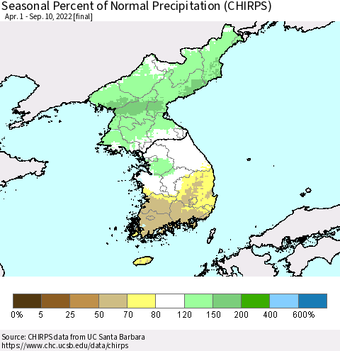 Korea Seasonal Percent of Normal Precipitation (CHIRPS) Thematic Map For 4/1/2022 - 9/10/2022