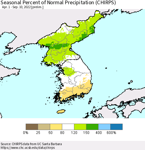 Korea Seasonal Percent of Normal Precipitation (CHIRPS) Thematic Map For 4/1/2022 - 9/10/2022