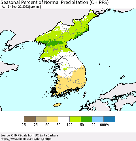 Korea Seasonal Percent of Normal Precipitation (CHIRPS) Thematic Map For 4/1/2022 - 9/20/2022