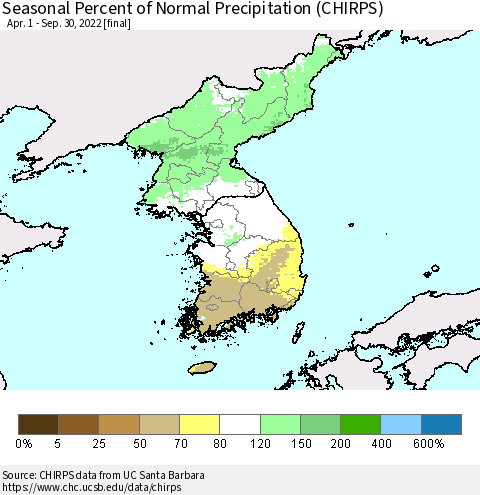 Korea Seasonal Percent of Normal Precipitation (CHIRPS) Thematic Map For 4/1/2022 - 9/30/2022