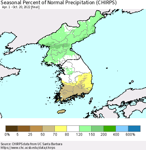 Korea Seasonal Percent of Normal Precipitation (CHIRPS) Thematic Map For 4/1/2022 - 10/20/2022
