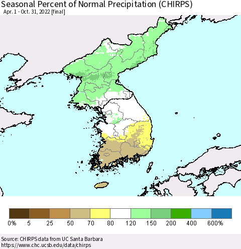 Korea Seasonal Percent of Normal Precipitation (CHIRPS) Thematic Map For 4/1/2022 - 10/31/2022