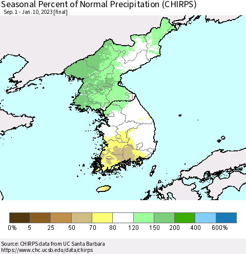Korea Seasonal Percent of Normal Precipitation (CHIRPS) Thematic Map For 9/1/2022 - 1/10/2023