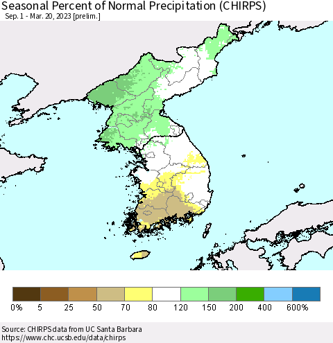 Korea Seasonal Percent of Normal Precipitation (CHIRPS) Thematic Map For 9/1/2022 - 3/20/2023