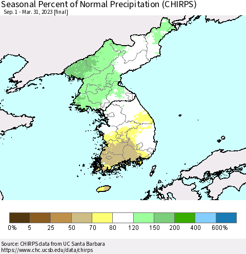Korea Seasonal Percent of Normal Precipitation (CHIRPS) Thematic Map For 9/1/2022 - 3/31/2023