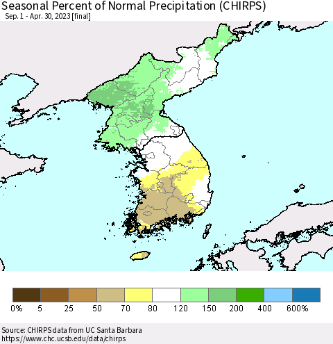 Korea Seasonal Percent of Normal Precipitation (CHIRPS) Thematic Map For 9/1/2022 - 4/30/2023