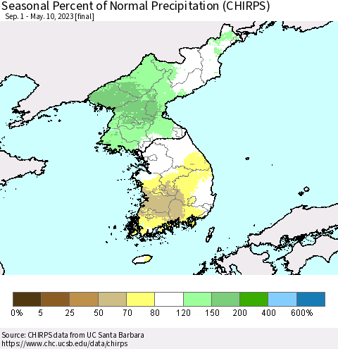 Korea Seasonal Percent of Normal Precipitation (CHIRPS) Thematic Map For 9/1/2022 - 5/10/2023