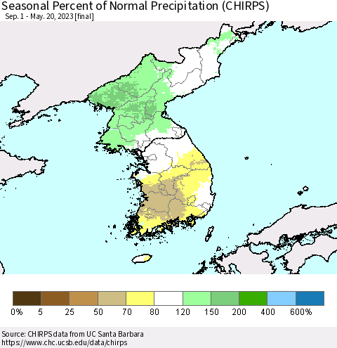 Korea Seasonal Percent of Normal Precipitation (CHIRPS) Thematic Map For 9/1/2022 - 5/20/2023