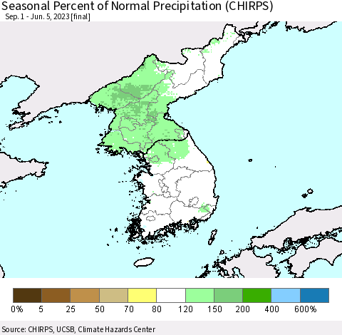 Korea Seasonal Percent of Normal Precipitation (CHIRPS) Thematic Map For 9/1/2022 - 6/5/2023