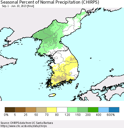 Korea Seasonal Percent of Normal Precipitation (CHIRPS) Thematic Map For 9/1/2022 - 6/10/2023
