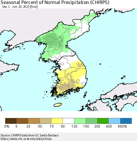 Korea Seasonal Percent of Normal Precipitation (CHIRPS) Thematic Map For 9/1/2022 - 6/20/2023