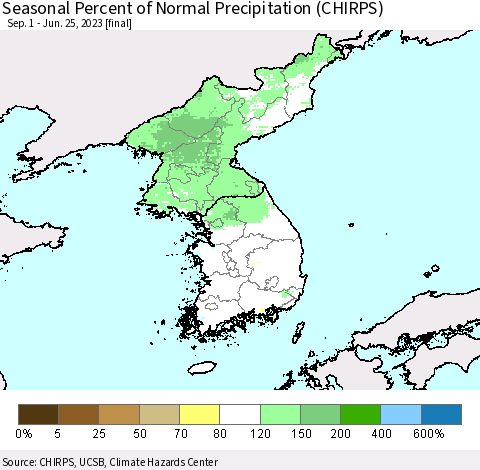 Korea Seasonal Percent of Normal Precipitation (CHIRPS) Thematic Map For 9/1/2022 - 6/25/2023