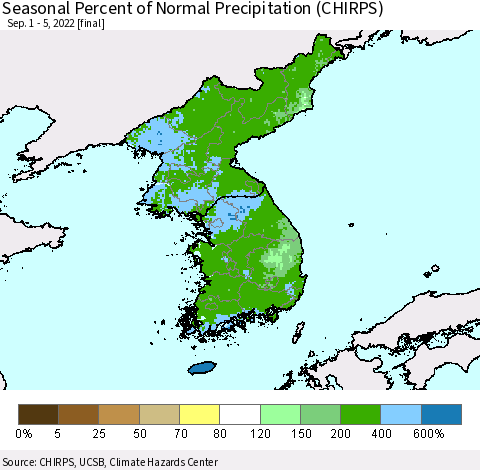 Korea Seasonal Percent of Normal Precipitation (CHIRPS) Thematic Map For 9/1/2022 - 9/5/2022