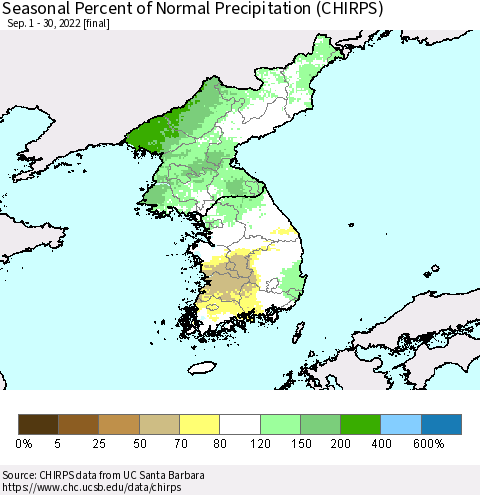 Korea Seasonal Percent of Normal Precipitation (CHIRPS) Thematic Map For 9/1/2022 - 9/30/2022
