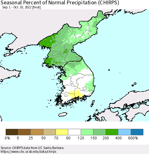 Korea Seasonal Percent of Normal Precipitation (CHIRPS) Thematic Map For 9/1/2022 - 10/10/2022