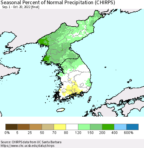 Korea Seasonal Percent of Normal Precipitation (CHIRPS) Thematic Map For 9/1/2022 - 10/20/2022