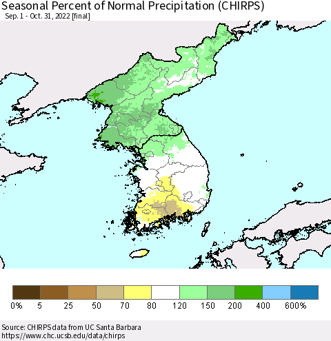 Korea Seasonal Percent of Normal Precipitation (CHIRPS) Thematic Map For 9/1/2022 - 10/31/2022
