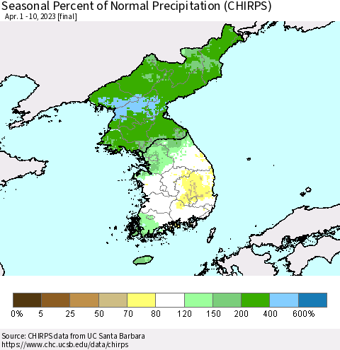 Korea Seasonal Percent of Normal Precipitation (CHIRPS) Thematic Map For 4/1/2023 - 4/10/2023