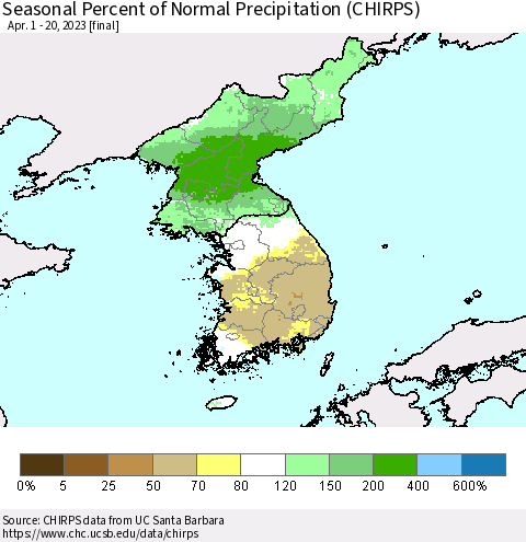 Korea Seasonal Percent of Normal Precipitation (CHIRPS) Thematic Map For 4/1/2023 - 4/20/2023