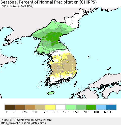 Korea Seasonal Percent of Normal Precipitation (CHIRPS) Thematic Map For 4/1/2023 - 5/10/2023