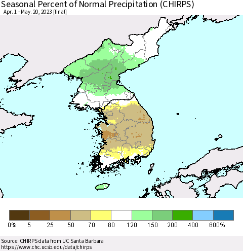 Korea Seasonal Percent of Normal Precipitation (CHIRPS) Thematic Map For 4/1/2023 - 5/20/2023