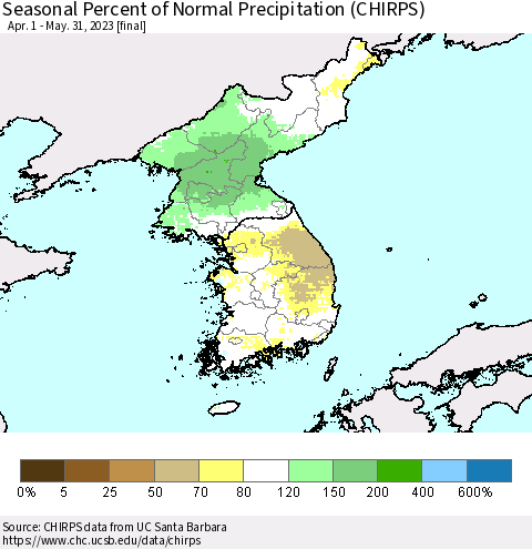 Korea Seasonal Percent of Normal Precipitation (CHIRPS) Thematic Map For 4/1/2023 - 5/31/2023