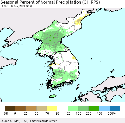 Korea Seasonal Percent of Normal Precipitation (CHIRPS) Thematic Map For 4/1/2023 - 6/5/2023