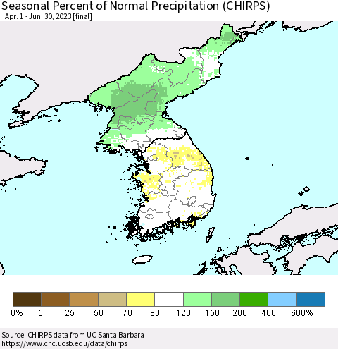 Korea Seasonal Percent of Normal Precipitation (CHIRPS) Thematic Map For 4/1/2023 - 6/30/2023