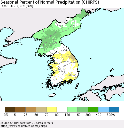 Korea Seasonal Percent of Normal Precipitation (CHIRPS) Thematic Map For 4/1/2023 - 7/10/2023