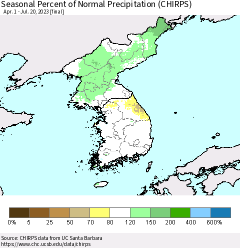 Korea Seasonal Percent of Normal Precipitation (CHIRPS) Thematic Map For 4/1/2023 - 7/20/2023