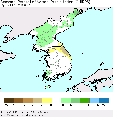 Korea Seasonal Percent of Normal Precipitation (CHIRPS) Thematic Map For 4/1/2023 - 7/31/2023