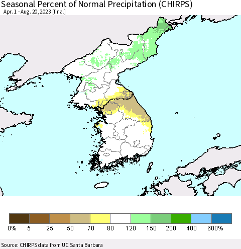 Korea Seasonal Percent of Normal Precipitation (CHIRPS) Thematic Map For 4/1/2023 - 8/20/2023