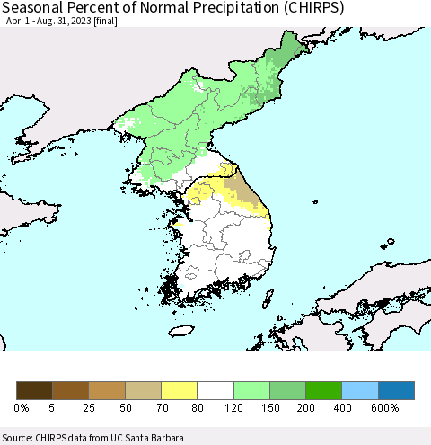 Korea Seasonal Percent of Normal Precipitation (CHIRPS) Thematic Map For 4/1/2023 - 8/31/2023