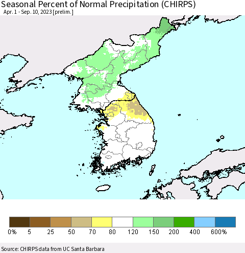 Korea Seasonal Percent of Normal Precipitation (CHIRPS) Thematic Map For 4/1/2023 - 9/10/2023