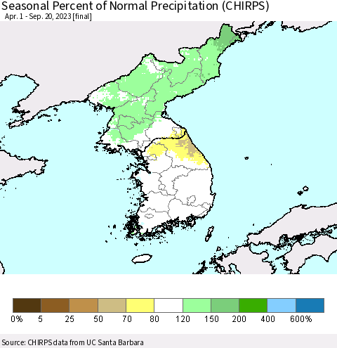 Korea Seasonal Percent of Normal Precipitation (CHIRPS) Thematic Map For 4/1/2023 - 9/20/2023