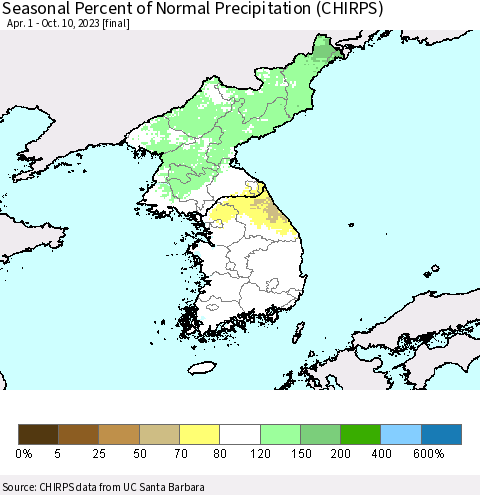Korea Seasonal Percent of Normal Precipitation (CHIRPS) Thematic Map For 4/1/2023 - 10/10/2023