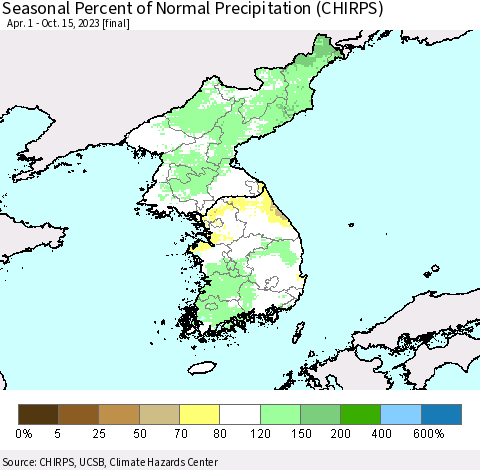 Korea Seasonal Percent of Normal Precipitation (CHIRPS) Thematic Map For 4/1/2023 - 10/15/2023