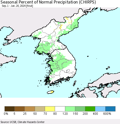 Korea Seasonal Percent of Normal Precipitation (CHIRPS) Thematic Map For 9/1/2023 - 1/20/2024