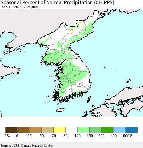 Korea Seasonal Percent of Normal Precipitation (CHIRPS) Thematic Map For 9/1/2023 - 2/20/2024