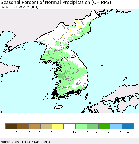 Korea Seasonal Percent of Normal Precipitation (CHIRPS) Thematic Map For 9/1/2023 - 2/29/2024