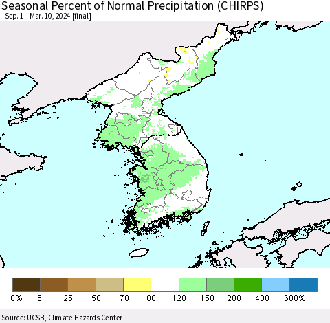 Korea Seasonal Percent of Normal Precipitation (CHIRPS) Thematic Map For 9/1/2023 - 3/10/2024